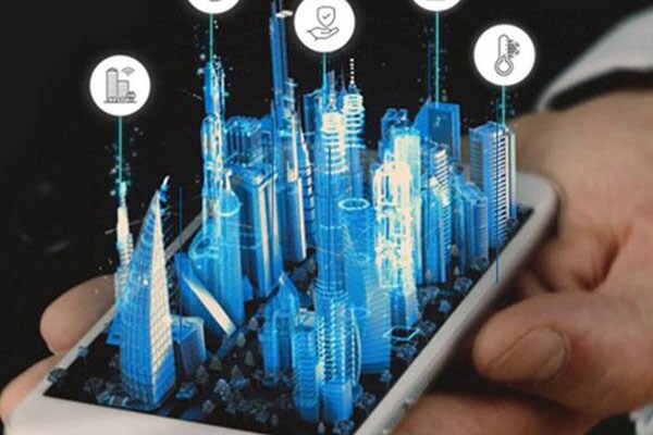 Person holding a smartphone, with a hologram of a cityscape emerging from it